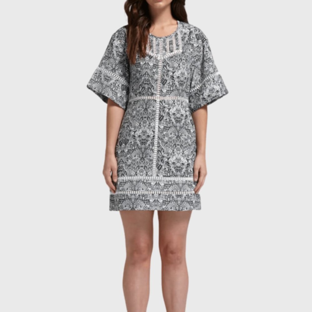 Iro Size 42 XL A-Line Mini Dress Tawny Crochet Trim Black White Cream Print